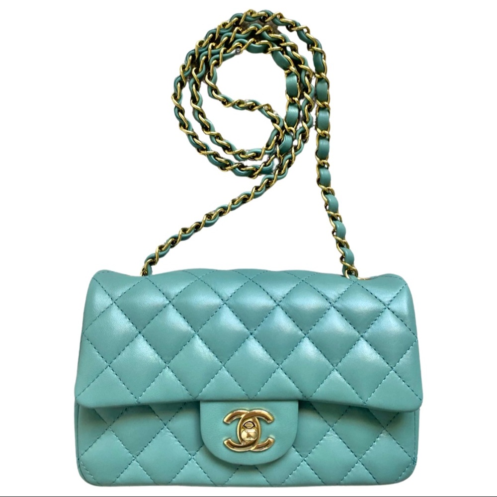 FULL SET - CHANEL Mini Classic Handbag (Blue / Turquoise with Champagne Gold HW)